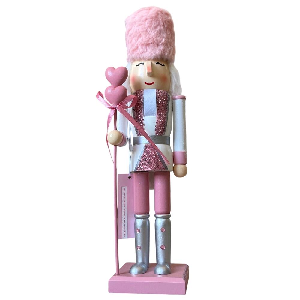 Bella Lux Faux Fur Hat Heart Nutcracker 14" Pink & White Valentine Decor NEW